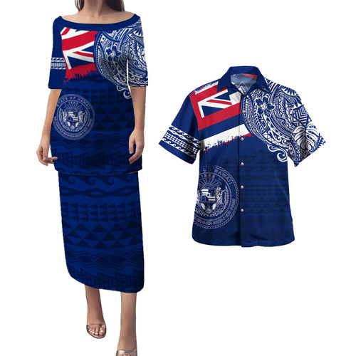Hawaii Combo Puletasi And Shirt Polynesian Flag With Coat Of Arms