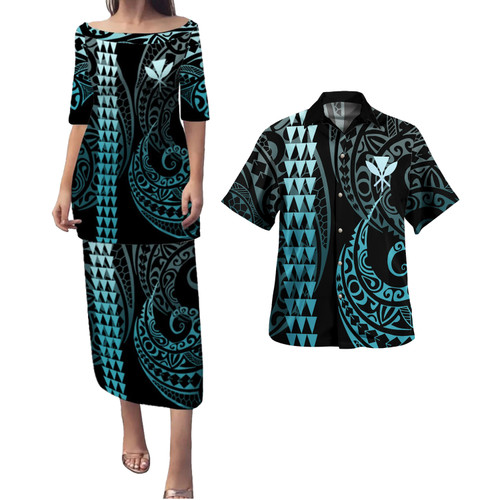 Hawaii Combo Puletasi And Shirt Kanaka  Kakau Style Turquoise