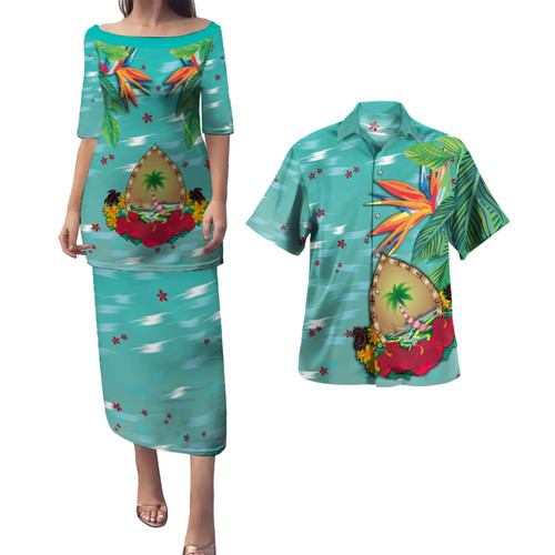 Guam Combo Puletasi And Shirt Latte Stones Hibiscus