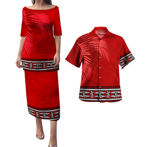 Tonga Combo Puletasi And Shirt Ngatu Fabric Leaves