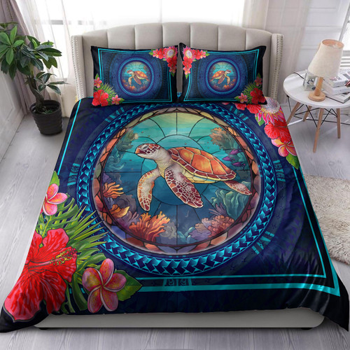 Hawaii Bedding Set Polynesian Patterns Turtle Mascot WaterColor Style Blanket