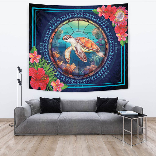 Hawaii Tapestry Polynesian Patterns Turtle Mascot WaterColor Style Blanket