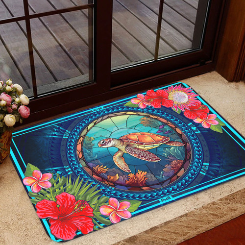 Hawaii Door Mat Polynesian Patterns Turtle Mascot WaterColor Style Blanket