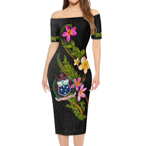 Samoa Short Sleeve Off The Shoulder Lady Dress Plumeria Tribal