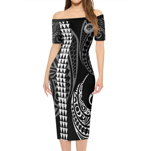 Federated States Of Micronesia Short Sleeve Off The Shoulder Lady Dress Kakau Style White