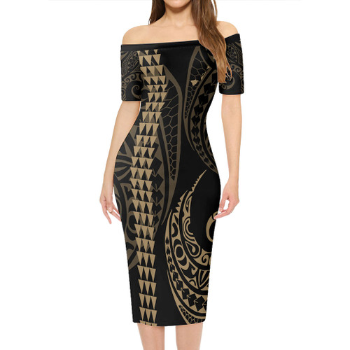 Hawaii Short Sleeve Off The Shoulder Lady Dress Kakau Style Gold