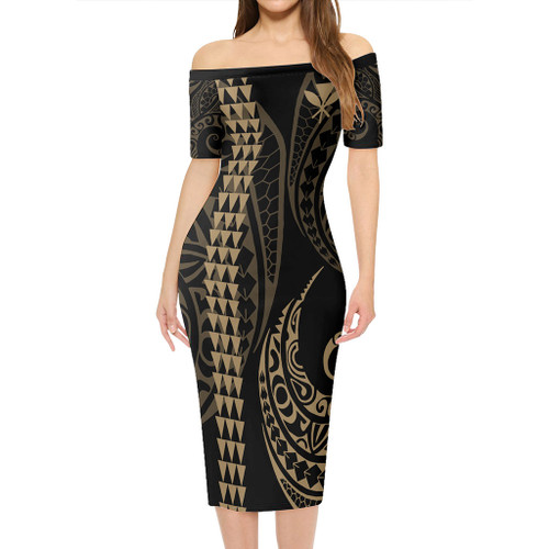 Hawaii Short Sleeve Off The Shoulder Lady Dress Kanaka Kakau Style Gold
