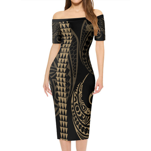 Papua New Guinea Short Sleeve Off The Shoulder Lady Dress Kakau Style Gold