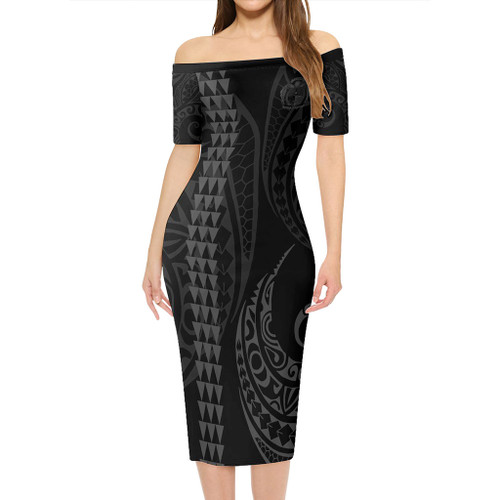 Nauru Short Sleeve Off The Shoulder Lady Dress Kakau Style Grey