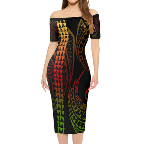 Chuuk State Short Sleeve Off The Shoulder Lady Dress Kakau Style Reggae