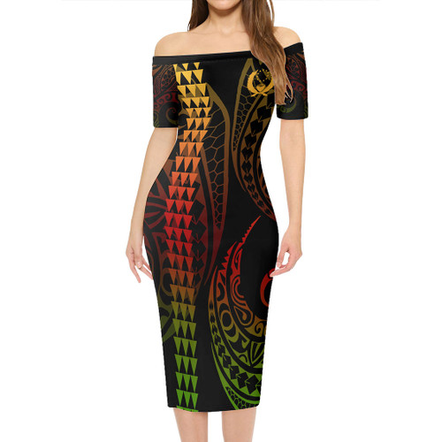 Pohnpei State Short Sleeve Off The Shoulder Lady Dress Kakau Style Reggae