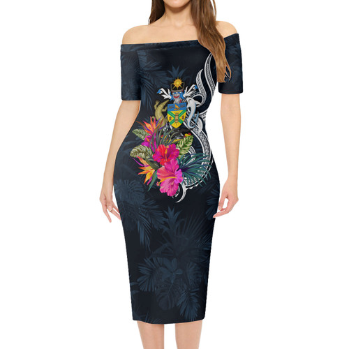Solomon Islands Short Sleeve Off The Shoulder Lady Dress Tropical Flower