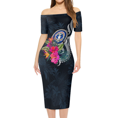 Federated States Of Micronesia Short Sleeve Off The Shoulder Lady Dress Tropical Flower