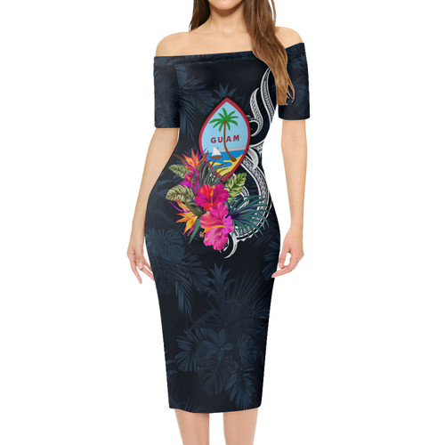 Guam Short Sleeve Off The Shoulder Lady Dress Tropical Flower