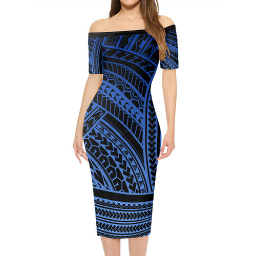 Hawaii Short Sleeve Off The Shoulder Lady Dress Polynesian Pattern Tattoo Blue