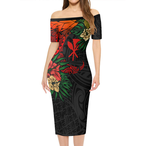 Hawaii Short Sleeve Off The Shoulder Lady Dress Polynesian Kanaka Tropical