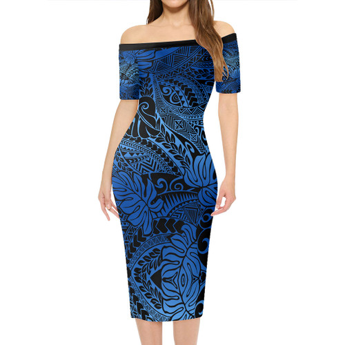 Hawaii Short Sleeve Off The Shoulder Lady Dress Tribal Polynesian Pattern Leaf