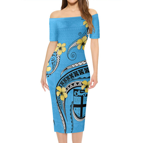 Fiji Short Sleeve Off The Shoulder Lady Dress Bula Style Plumeria Flower
