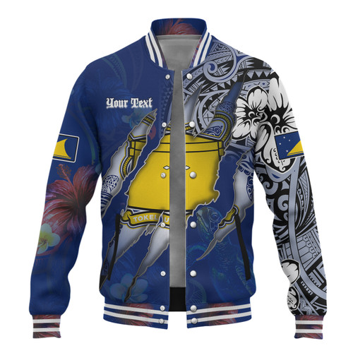 Tokelau Baseball Jacket Custom Tokelauan Blood Inside Me Polynesian Sleeve Tattoo Tropical Blue