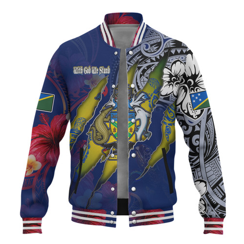 Solomon Islands Baseball Jacket Custom Solomon Islander Blood Inside Me Polynesian Sleeve Tattoo Tropical Blue