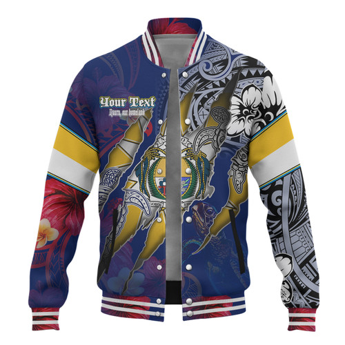 Nauru Baseball Jacket Custom Nauruan Blood Inside Me Polynesian Sleeve Tattoo Tropical Blue