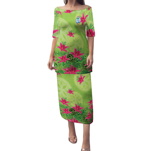 Guam Puletasi Lilies With Polynesian Pattern