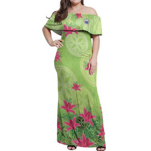 Samoa Off Shoulder Long Dress Lilies With Polynesian Pattern