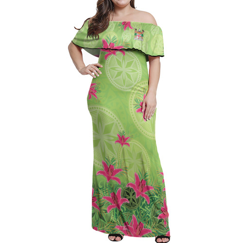 Fiji Off Shoulder Long Dress Lilies With Polynesian Pattern