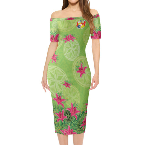Tonga Short Sleeve Off The Shoulder Lady Dress Lilies With Polynesian Pattern