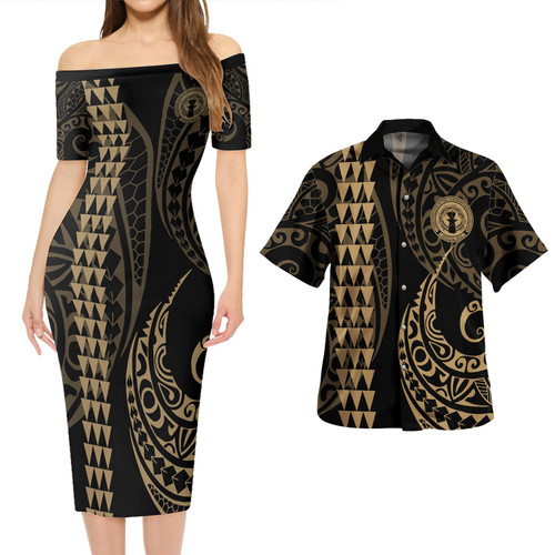 Northern Mariana Islands Combo Short Sleeve Dress And Shirt Kakau Style Gold