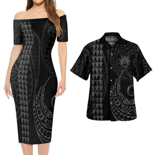 Solomon Islands Combo Short Sleeve Dress And Shirt Kakau Style Grey