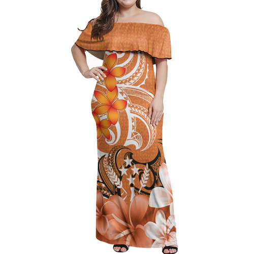 Kosrae Woman Off Shoulder Long Dress Polynesian Floral Spirit Orange