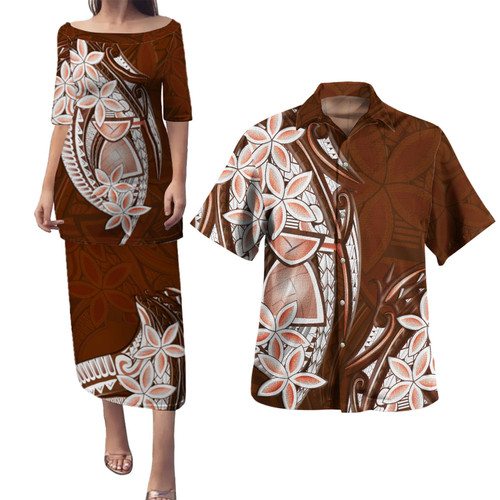 Guam Combo Puletasi And Shirt Latte Stone Plumeria Flowers
