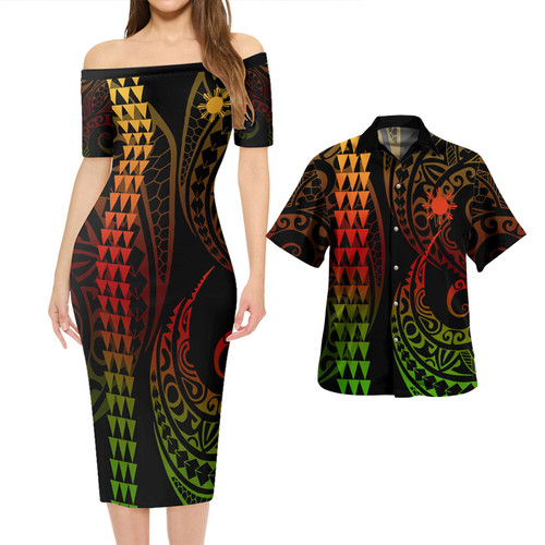 Philippines Filipinos Combo Short Sleeve Dress And Shirt Kakau Style Reggae