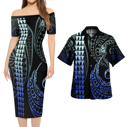Vanuatu Combo Short Sleeve Dress And Shirt Kakau Style Gradient Blue