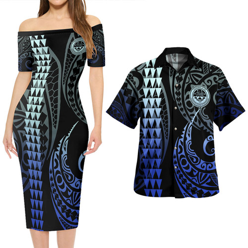 Federated States Of Micronesia Combo Short Sleeve Dress And Shirt Kakau Style Gradient Blue