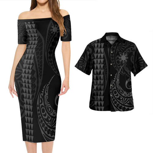 Philippines Filipinos Combo Short Sleeve Dress And Shirt Kakau Style Grey