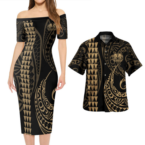Marquesas Islands Combo Short Sleeve Dress And Shirt Kakau Style Gold