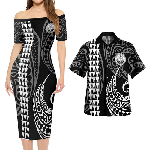 Marshall Islands Combo Short Sleeve Dress And Shirt Kakau Style White