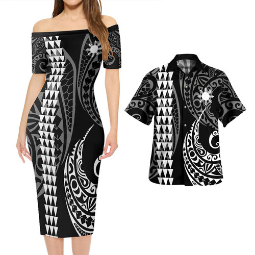 Philippines Filipinos Combo Short Sleeve Dress And Shirt Kakau Style White