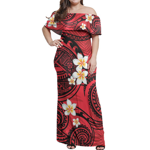 American Samoa Off Shoulder Long Dress Plumeria Flowers Tribal Motif Red Version