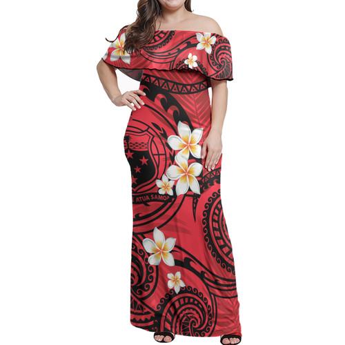 Samoa Off Shoulder Long Dress Plumeria Flowers Tribal Motif Red Version