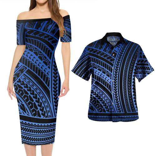 Hawaii Combo Short Sleeve Dress And Shirt Polynesian Pattern Tattoo Blue