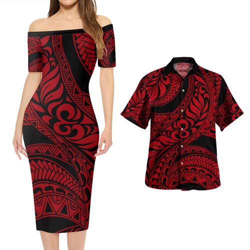 Hawaii Combo Short Sleeve Dress And Shirt Tribal Pattern Polynesian Red
