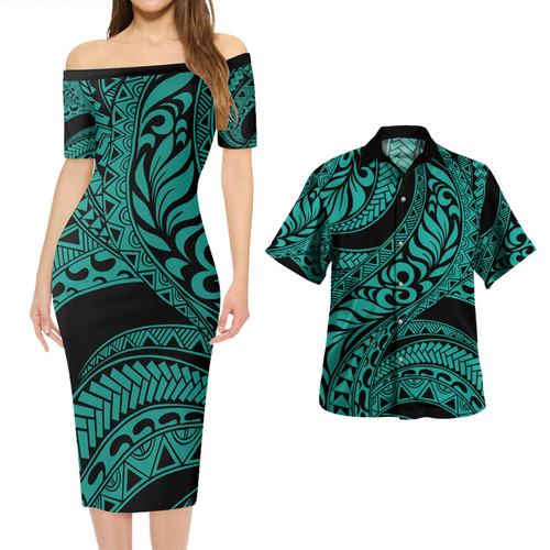 Hawaii Combo Short Sleeve Dress And Shirt Tribal Pattern Polynesian Turquoise