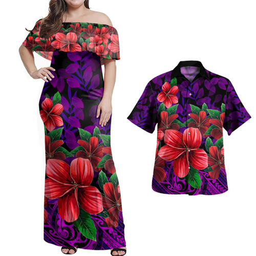 Polynesian Combo Off Shoulder Long Dress And Shirt Plumeria Tropical Leaf