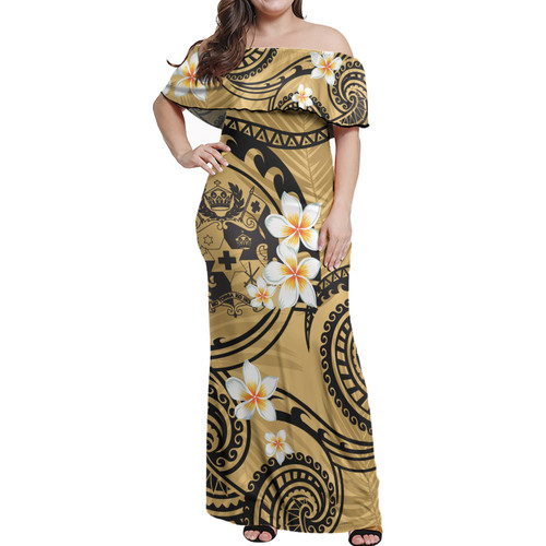 Tonga Off Shoulder Long Dress Plumeria Flowers Tribal Motif Yellow Version