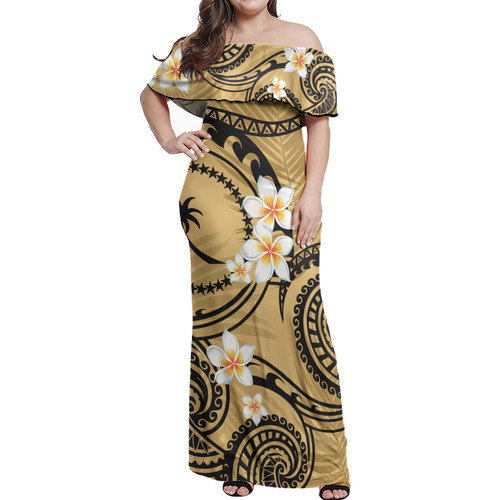 Chuuk State Off Shoulder Long Dress Plumeria Flowers Tribal Motif Yellow Version