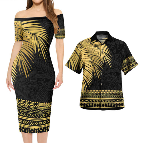 Guam Combo Short Sleeve Dress And Shirt Guam Polynesian Fabric Leaves Gold