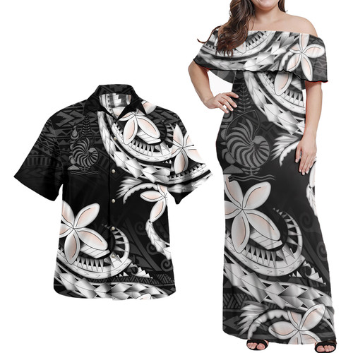 New Caledonia Combo Off Shoulder Long Dress And Shirt Polynesian Patterns Plumeria Flowers Special Style